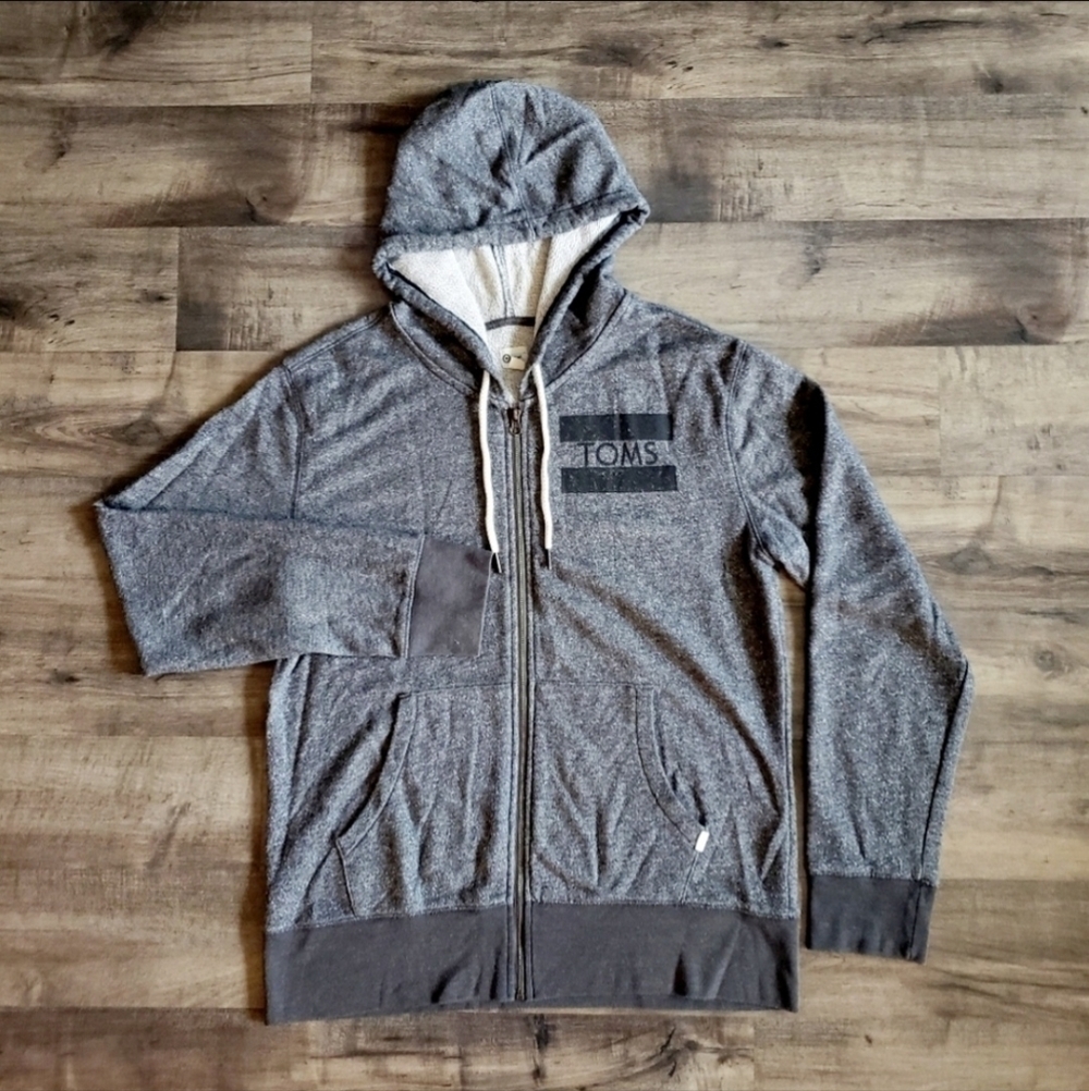 Toms Hoodie Full Zip Hooded Sweatshirt Men's Medium M Grey Black Logo Casual EUC